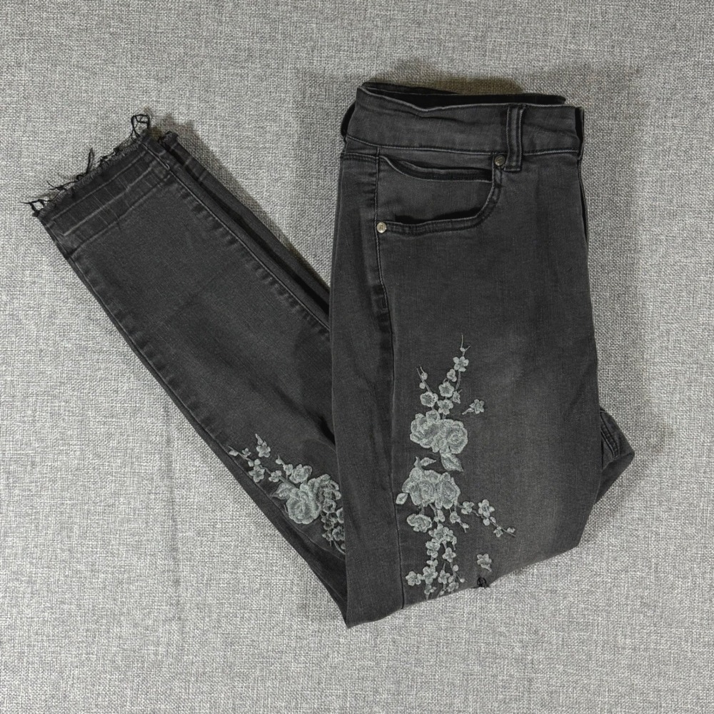 One 5 One Skinny Jeans Womens 14W Black Floral Embroidered Distressed Boho Edgy